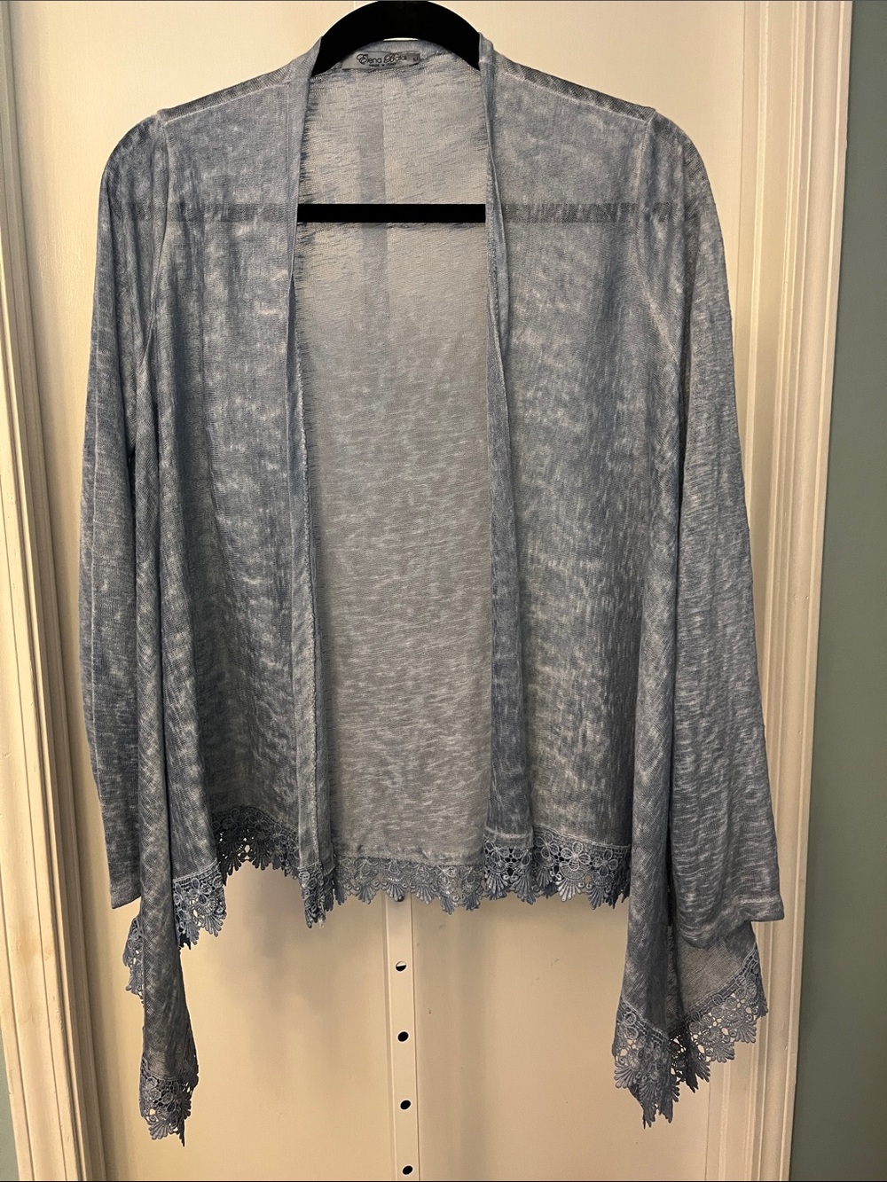Light Blue Lace-Trim Open Front Draped Cardigan by